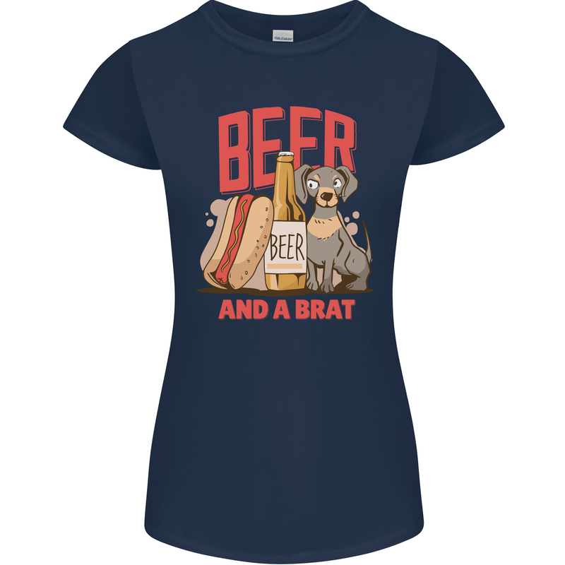 Beer and a Brat Funny Dog Alcohol Hotdog Womens Petite Cut T-Shirt Navy Blue
