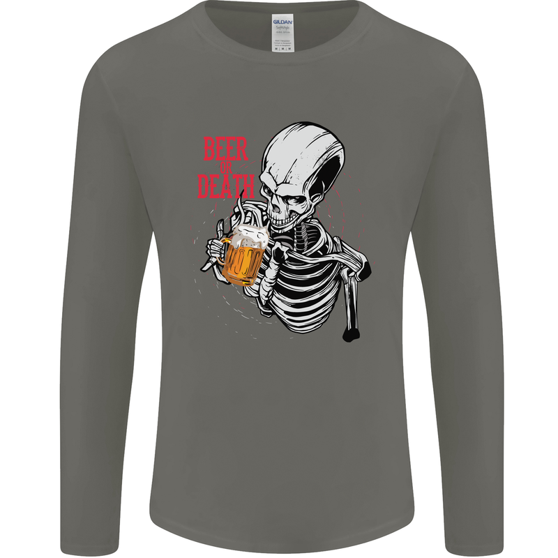 Beer or Death Skull Funny Alcohol Mens Long Sleeve T-Shirt Charcoal