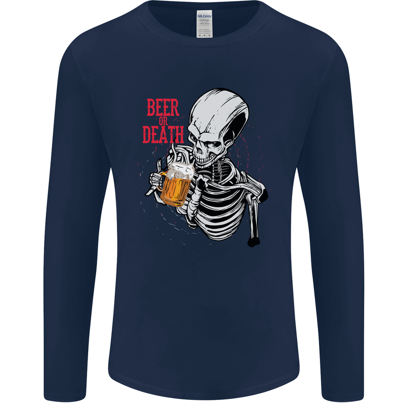 Beer or Death Skull Funny Alcohol Mens Long Sleeve T-Shirt Navy Blue
