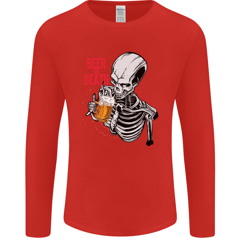 Beer or Death Skull Funny Alcohol Mens Long Sleeve T-Shirt Red