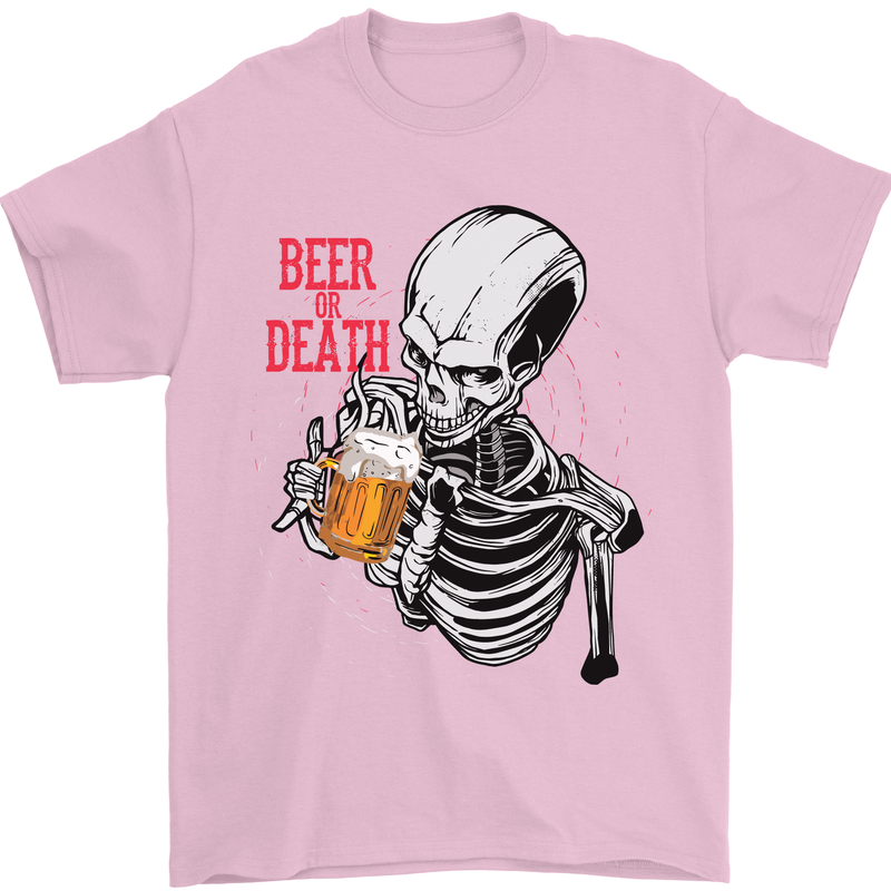 Beer or Death Skull Funny Alcohol Mens T-Shirt Cotton Gildan Light Pink