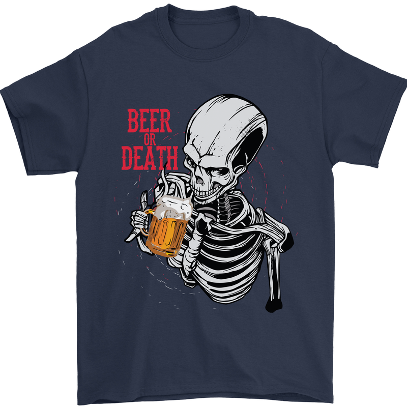 Beer or Death Skull Funny Alcohol Mens T-Shirt Cotton Gildan Navy Blue