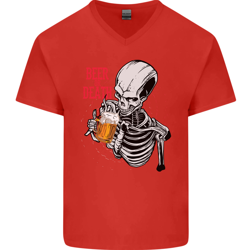Beer or Death Skull Funny Alcohol Mens V-Neck Cotton T-Shirt Red