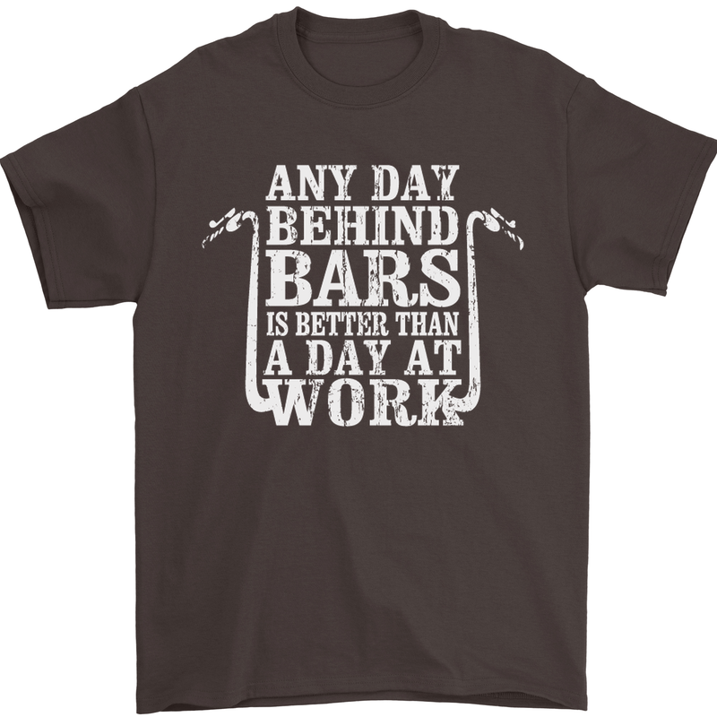 Behind Bars Motorcycle Motorbike Biker Mens T-Shirt Cotton Gildan Dark Chocolate