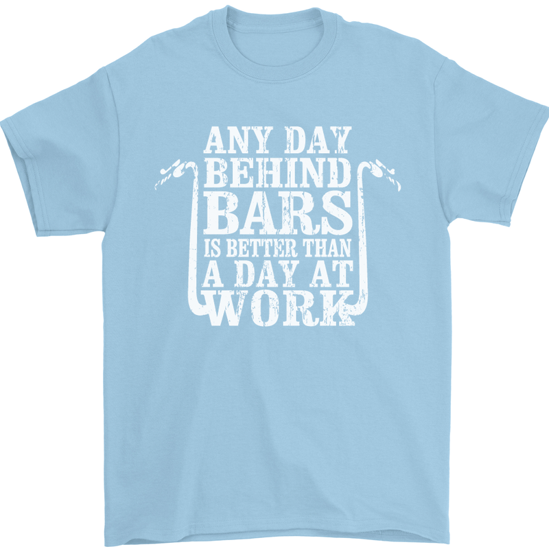 Behind Bars Motorcycle Motorbike Biker Mens T-Shirt Cotton Gildan Light Blue