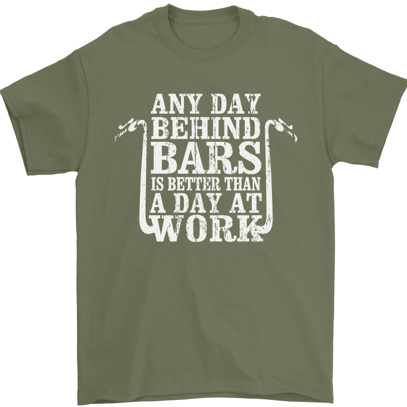 Behind Bars Motorcycle Motorbike Biker Mens T-Shirt Cotton Gildan Military Green