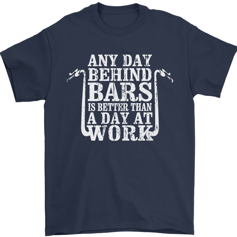Behind Bars Motorcycle Motorbike Biker Mens T-Shirt Cotton Gildan Navy Blue