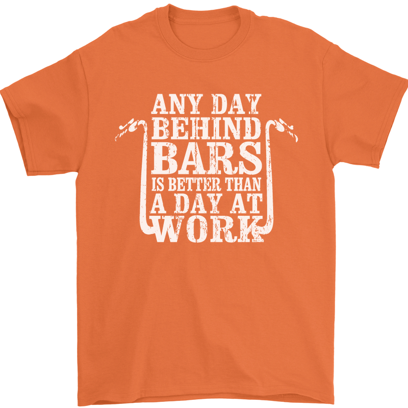 Behind Bars Motorcycle Motorbike Biker Mens T-Shirt Cotton Gildan Orange