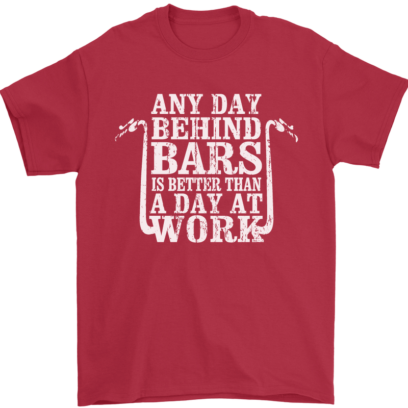 Behind Bars Motorcycle Motorbike Biker Mens T-Shirt Cotton Gildan Red