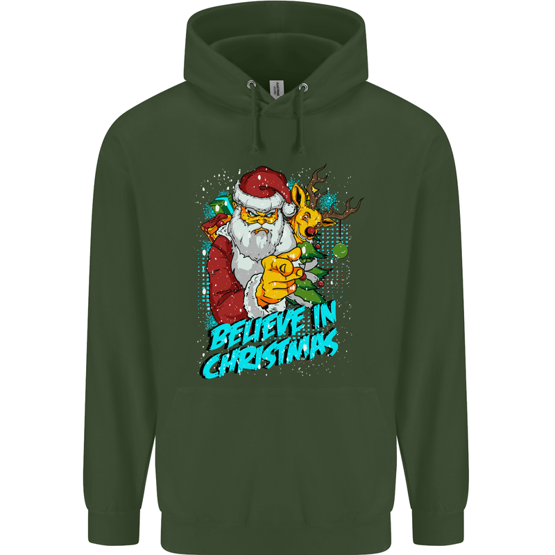 Believe in Christmas Funny Santa Xmas Mens 80% Cotton Hoodie Forest Green