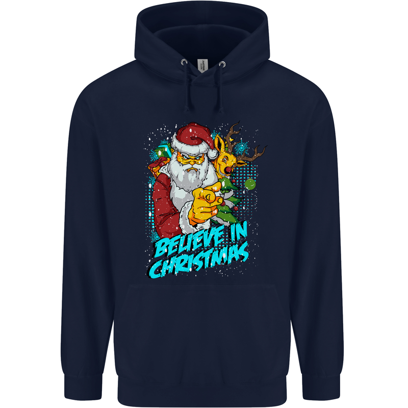 Believe in Christmas Funny Santa Xmas Mens 80% Cotton Hoodie Navy Blue
