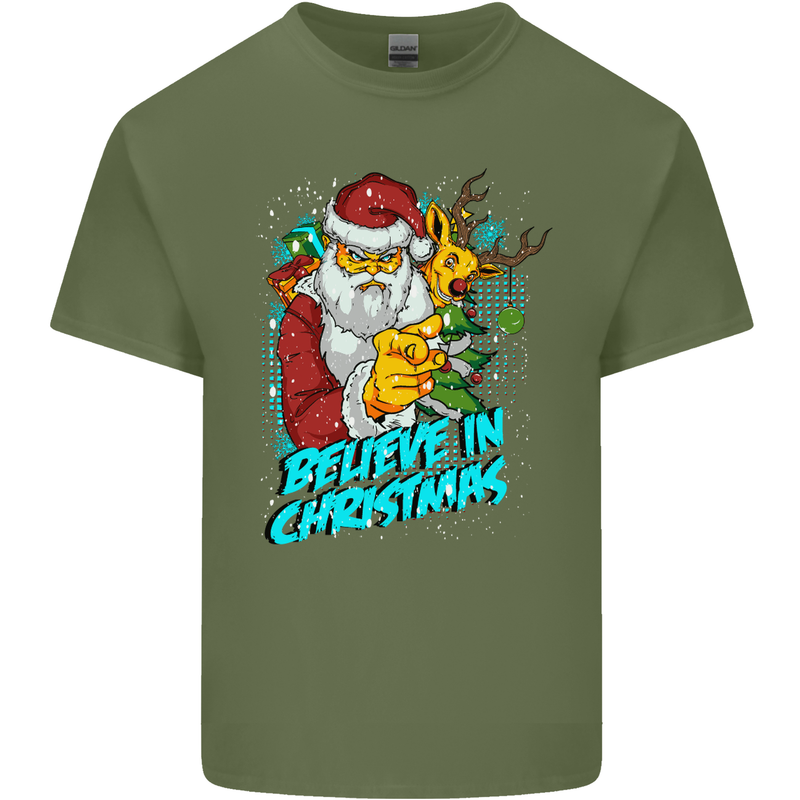 Believe in Christmas Funny Santa Xmas Mens Cotton T-Shirt Tee Top Military Green