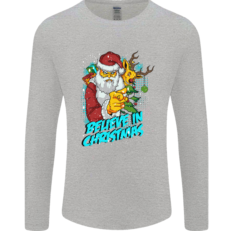 Believe in Christmas Funny Santa Xmas Mens Long Sleeve T-Shirt Sports Grey