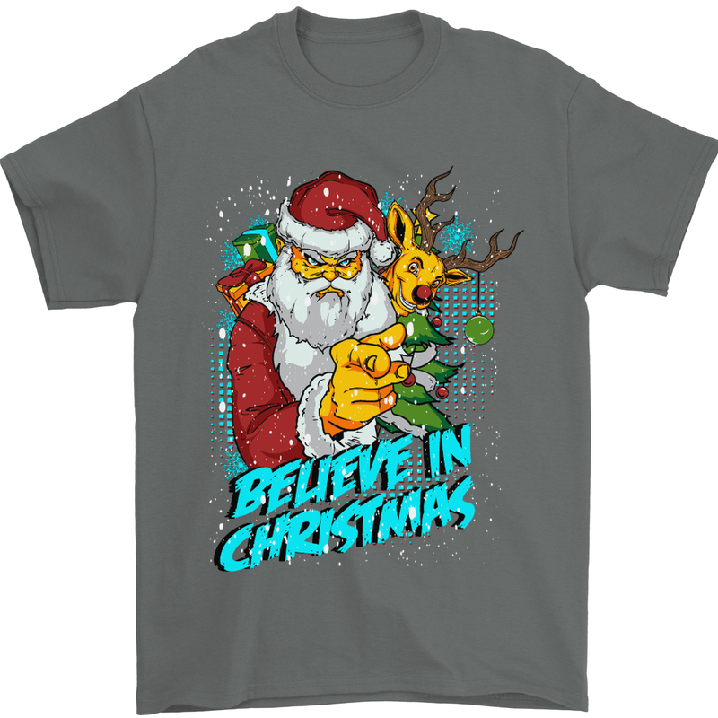 Believe in Christmas Funny Santa Xmas Mens T-Shirt Cotton Gildan Charcoal