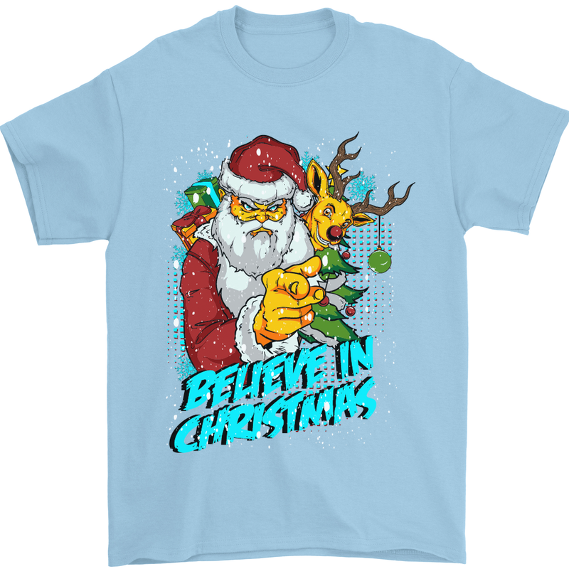 Believe in Christmas Funny Santa Xmas Mens T-Shirt Cotton Gildan Light Blue