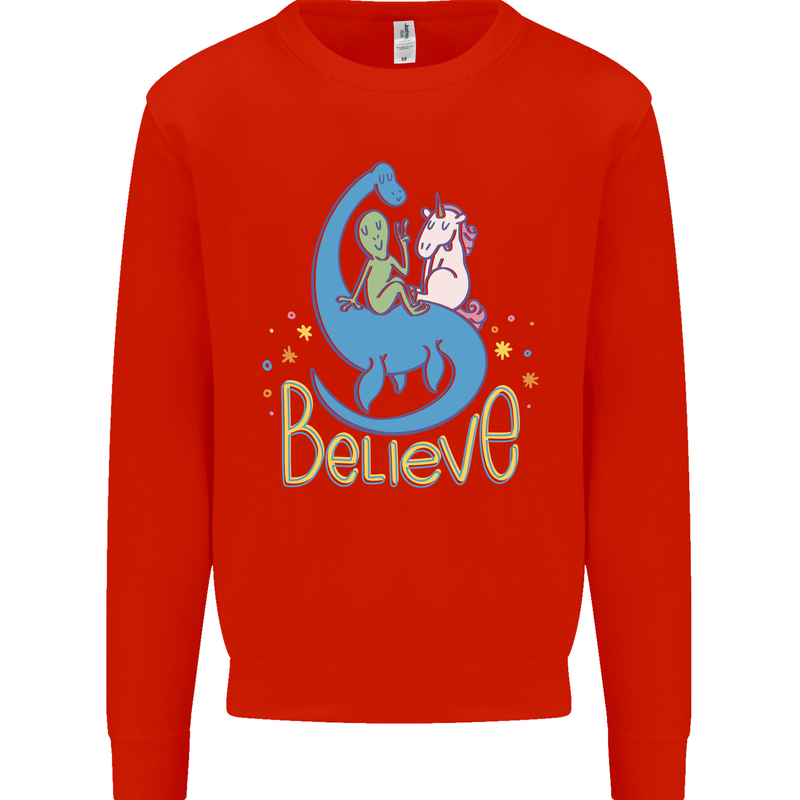 Believe in Dragons Unicorns Aliens Funny Kids Sweatshirt Jumper Bright Red