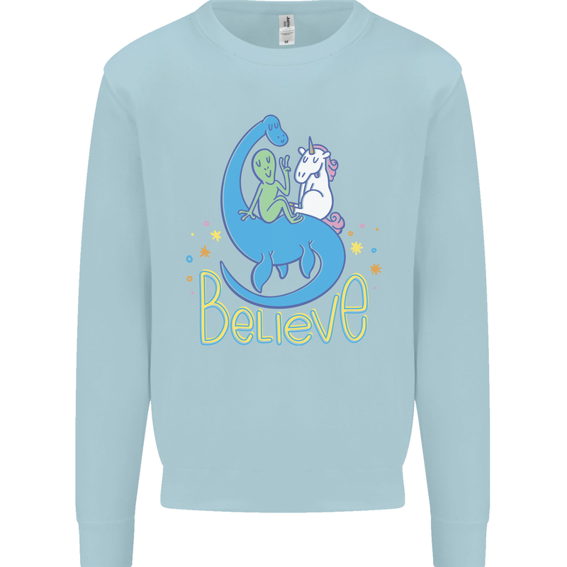 Believe in Dragons Unicorns Aliens Funny Kids Sweatshirt Jumper Light Blue