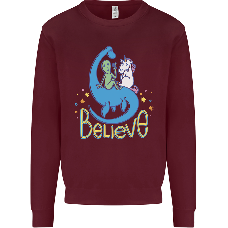 Believe in Dragons Unicorns Aliens Funny Kids Sweatshirt Jumper Maroon
