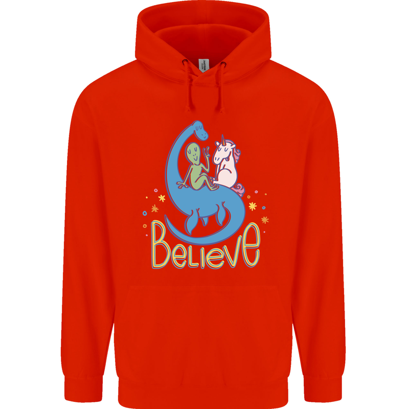 Believe in Dragons Unicorns Aliens Funny Mens 80% Cotton Hoodie Bright Red