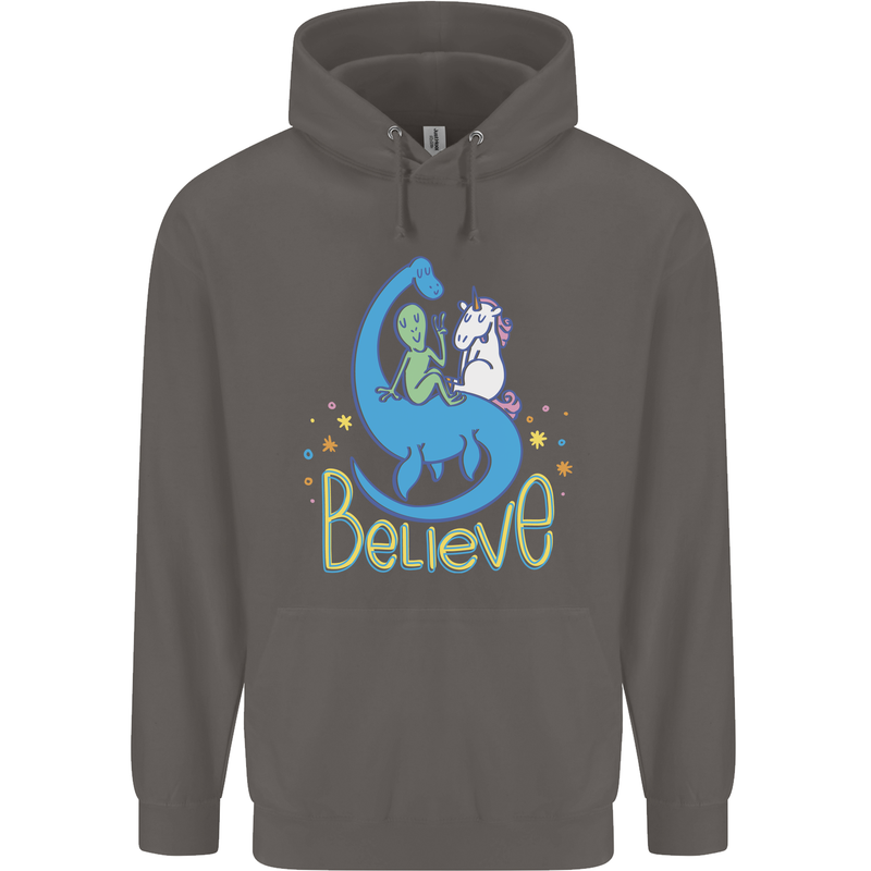 Believe in Dragons Unicorns Aliens Funny Mens 80% Cotton Hoodie Charcoal