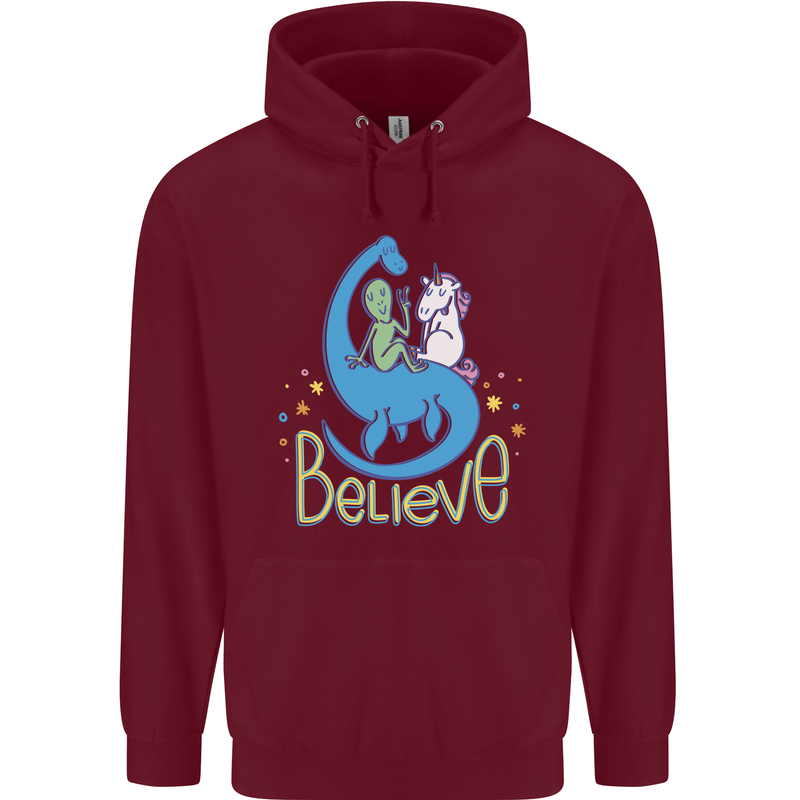 Believe in Dragons Unicorns Aliens Funny Mens 80% Cotton Hoodie Maroon