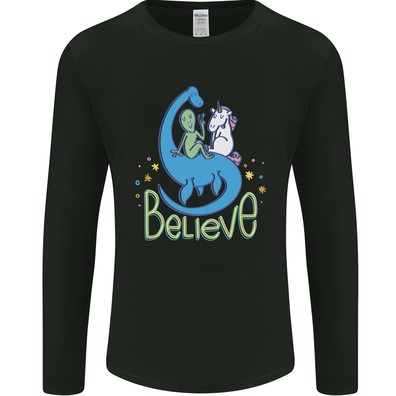 Believe in Dragons Unicorns Aliens Funny Mens Long Sleeve T-Shirt Black