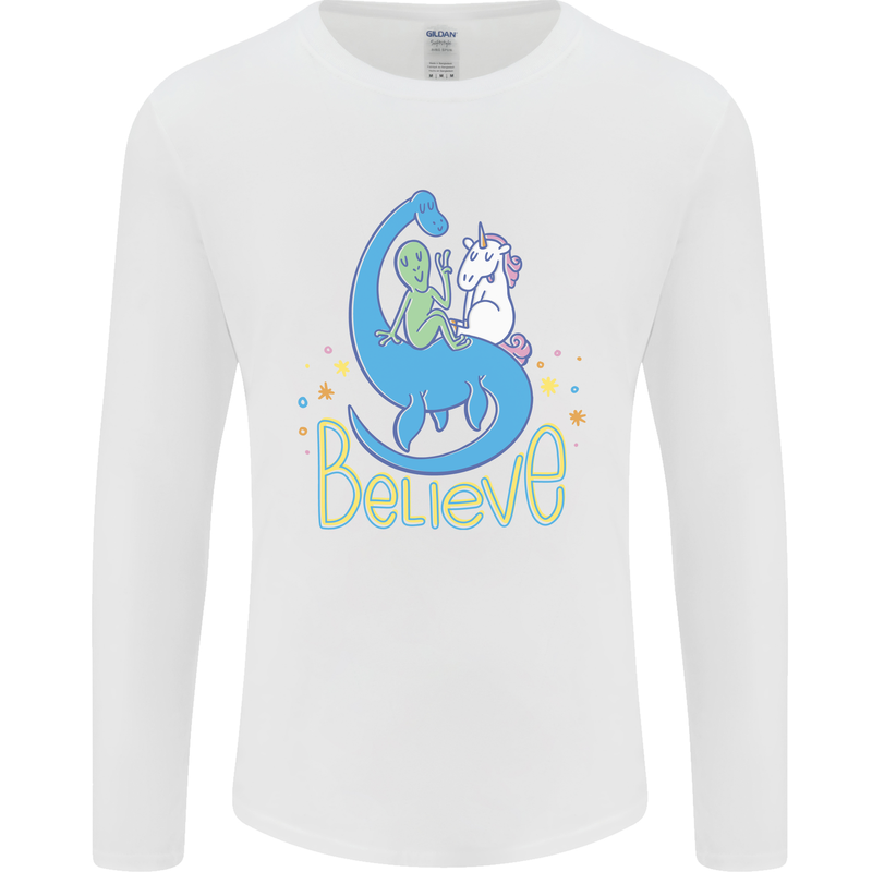 Believe in Dragons Unicorns Aliens Funny Mens Long Sleeve T-Shirt White