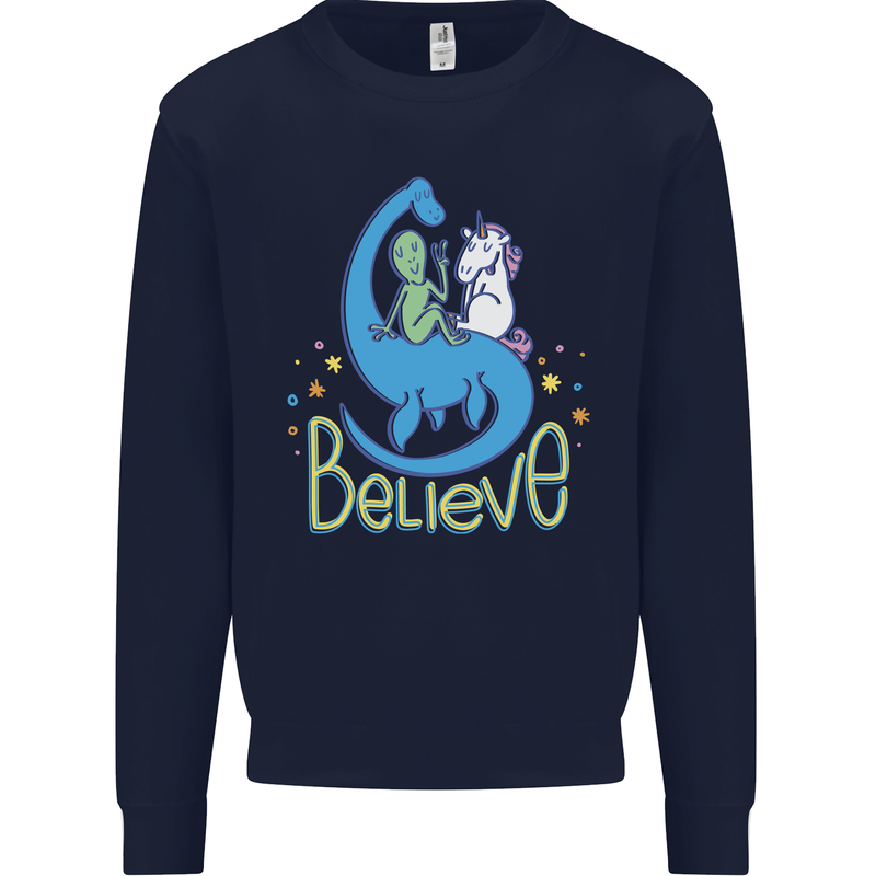 Believe in Dragons Unicorns Aliens Funny Mens Sweatshirt Jumper Navy Blue