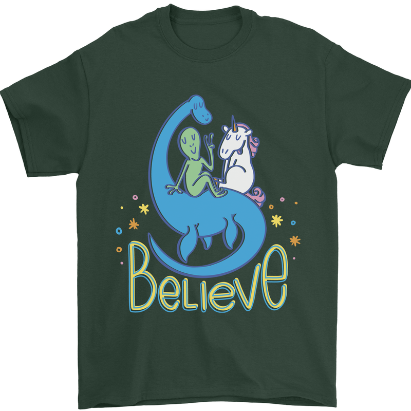 Believe in Dragons Unicorns Aliens Funny Mens T-Shirt Cotton Gildan Forest Green