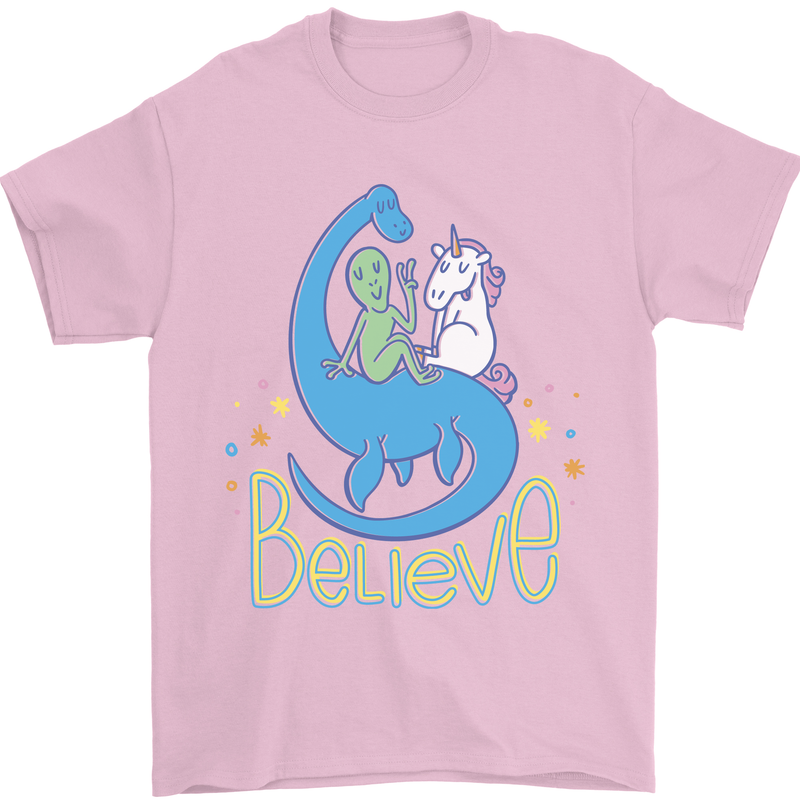 Believe in Dragons Unicorns Aliens Funny Mens T-Shirt Cotton Gildan Light Pink