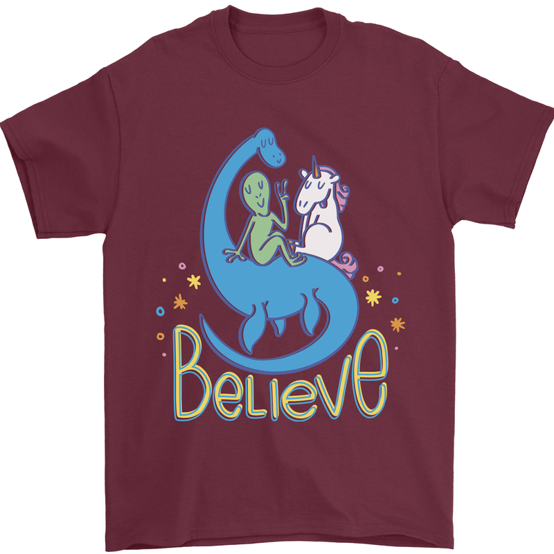Believe in Dragons Unicorns Aliens Funny Mens T-Shirt Cotton Gildan Maroon
