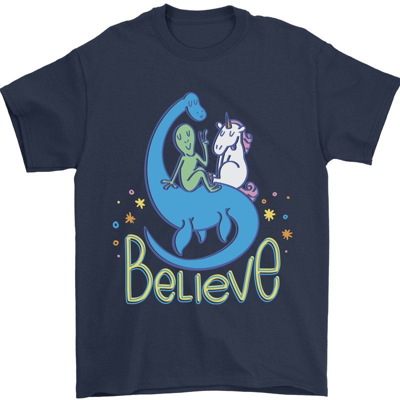 Believe in Dragons Unicorns Aliens Funny Mens T-Shirt Cotton Gildan Navy Blue
