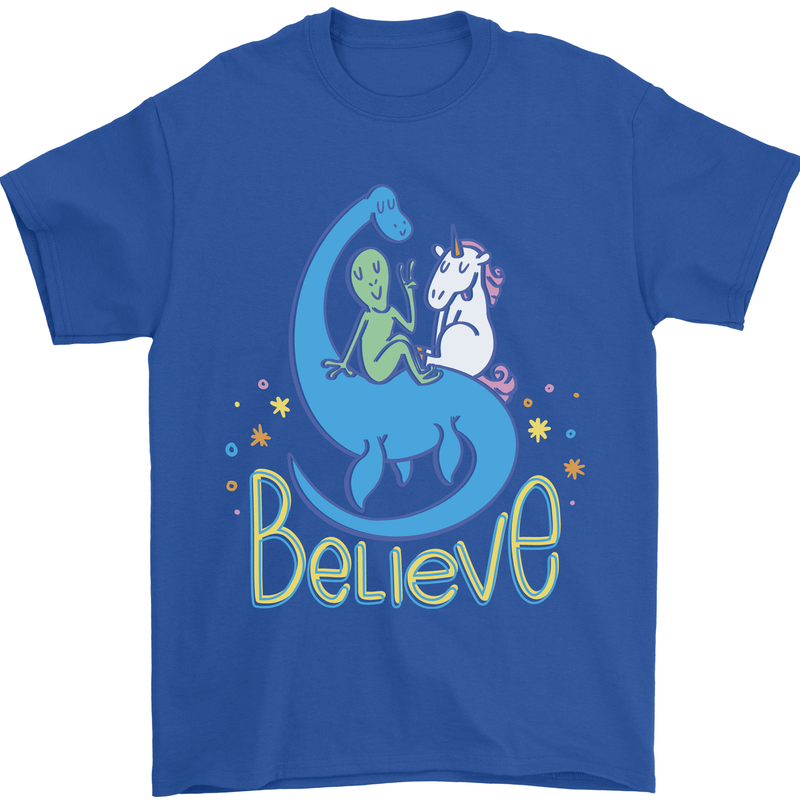 Believe in Dragons Unicorns Aliens Funny Mens T-Shirt Cotton Gildan Royal Blue