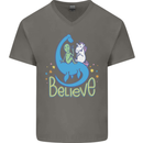 Believe in Dragons Unicorns Aliens Funny Mens V-Neck Cotton T-Shirt Charcoal
