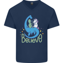 Believe in Dragons Unicorns Aliens Funny Mens V-Neck Cotton T-Shirt Navy Blue