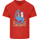 Believe in Dragons Unicorns Aliens Funny Mens V-Neck Cotton T-Shirt Red