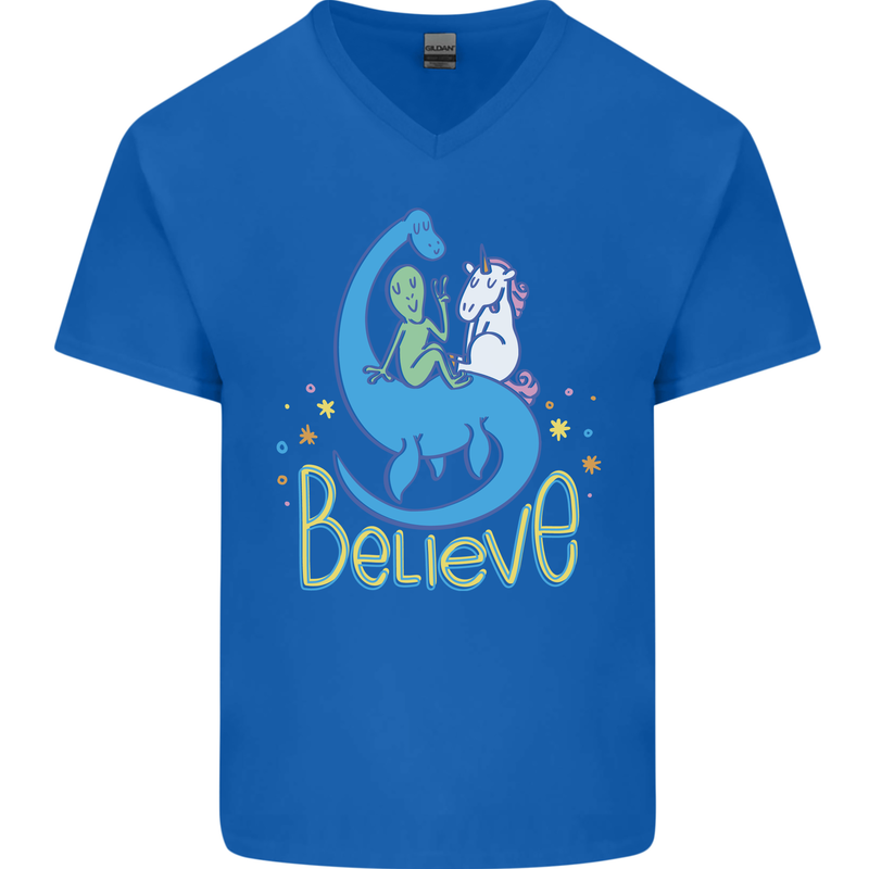 Believe in Dragons Unicorns Aliens Funny Mens V-Neck Cotton T-Shirt Royal Blue