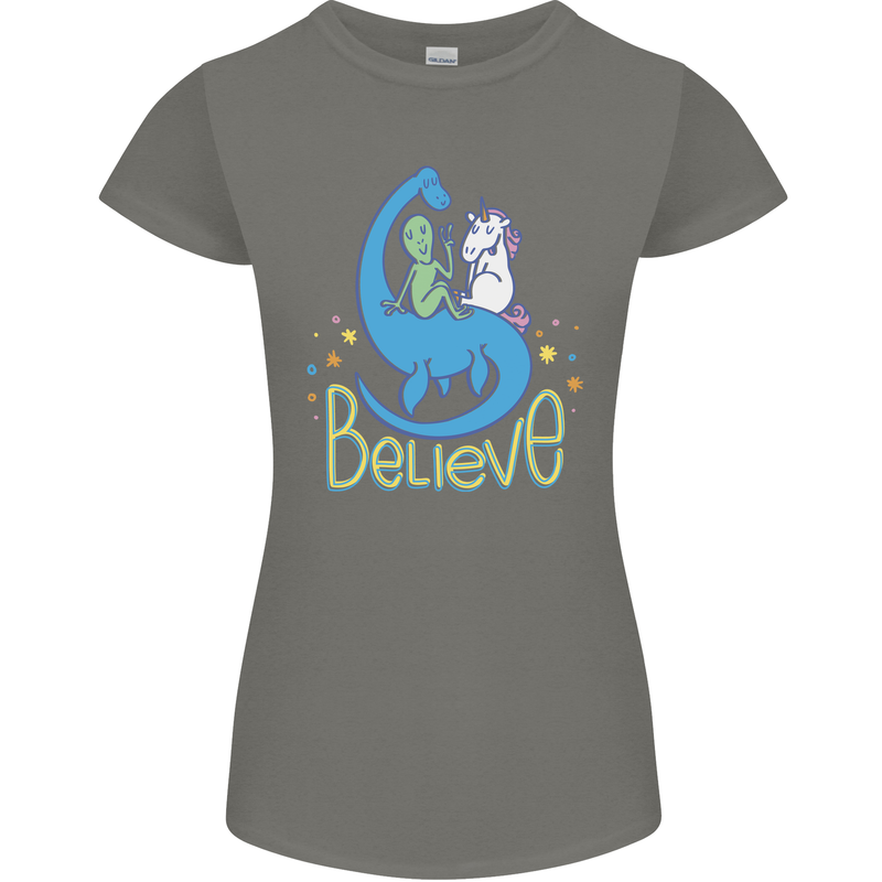 Believe in Dragons Unicorns Aliens Funny Womens Petite Cut T-Shirt Charcoal