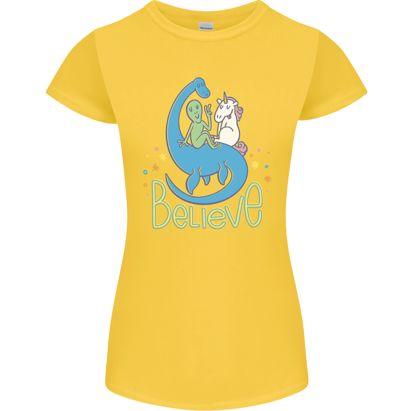 Believe in Dragons Unicorns Aliens Funny Womens Petite Cut T-Shirt Yellow