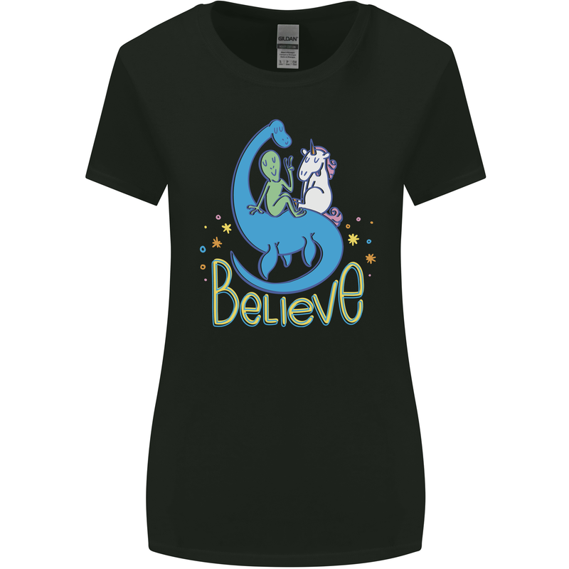 Believe in Dragons Unicorns Aliens Funny Womens Wider Cut T-Shirt Black