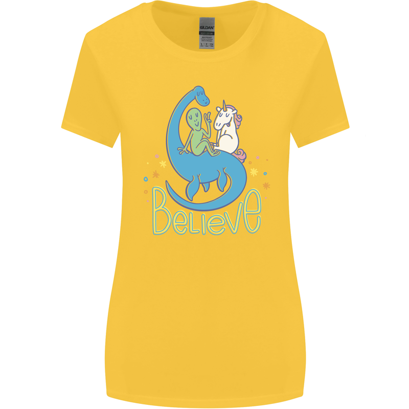 Believe in Dragons Unicorns Aliens Funny Womens Wider Cut T-Shirt Yellow