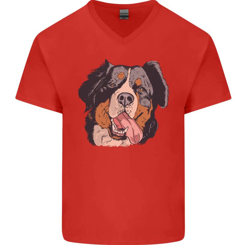 Bernese Mountain Dog Mens V-Neck Cotton T-Shirt Red