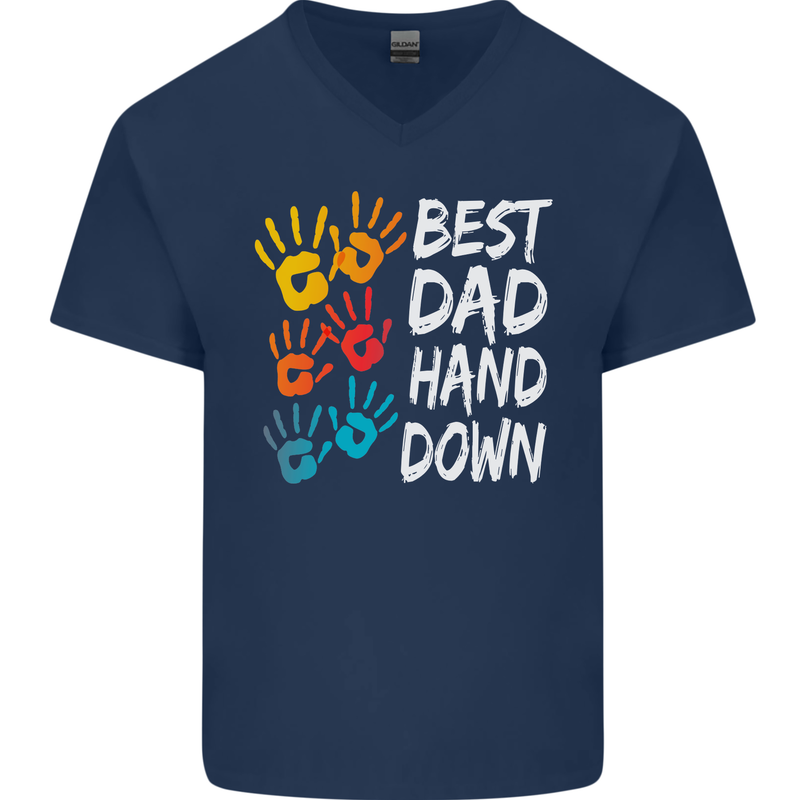 Best Dad Hands Down Fathers Day Funny Mens V-Neck Cotton T-Shirt Navy Blue