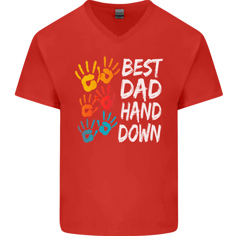 Best Dad Hands Down Fathers Day Funny Mens V-Neck Cotton T-Shirt Red