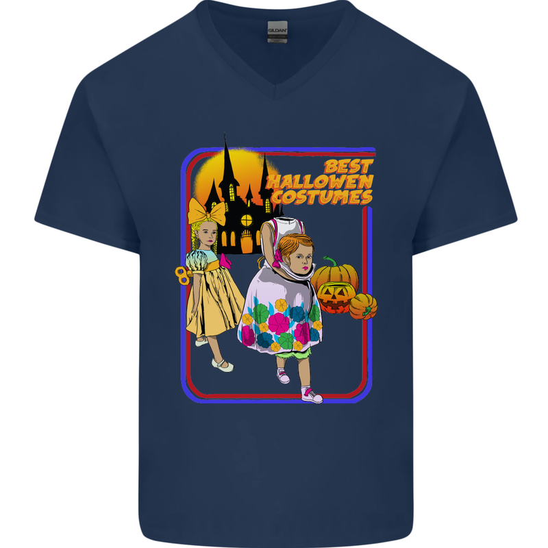 Best Halloween Costumes Horror Pumpkin Mens V-Neck Cotton T-Shirt Navy Blue