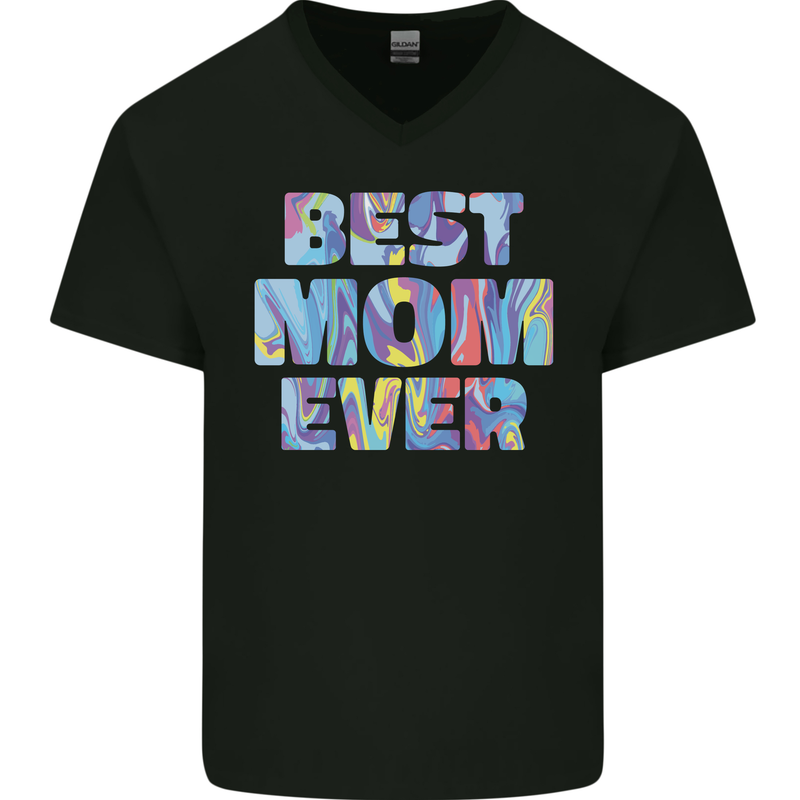 Best Mom Ever Tie Died Effect Mother's Day Mens V-Neck Cotton T-Shirt Black