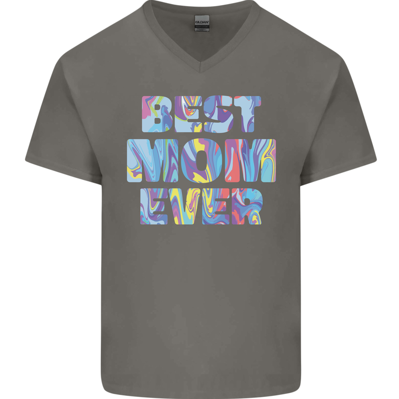 Best Mom Ever Tie Died Effect Mother's Day Mens V-Neck Cotton T-Shirt Charcoal