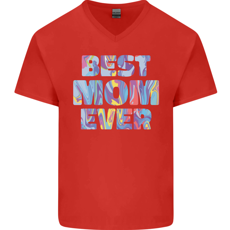 Best Mom Ever Tie Died Effect Mother's Day Mens V-Neck Cotton T-Shirt Red
