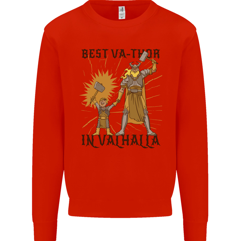 Best Va Thor in Valhalla Viking Fathers Day Kids Sweatshirt Jumper Bright Red