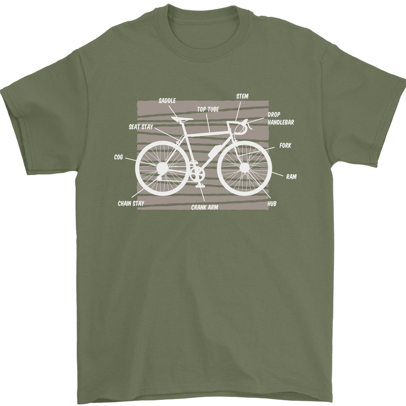 Bicycle Anatomy Funny Cyclist Cycling Funny Mens T-Shirt 100% Cotton Military Green